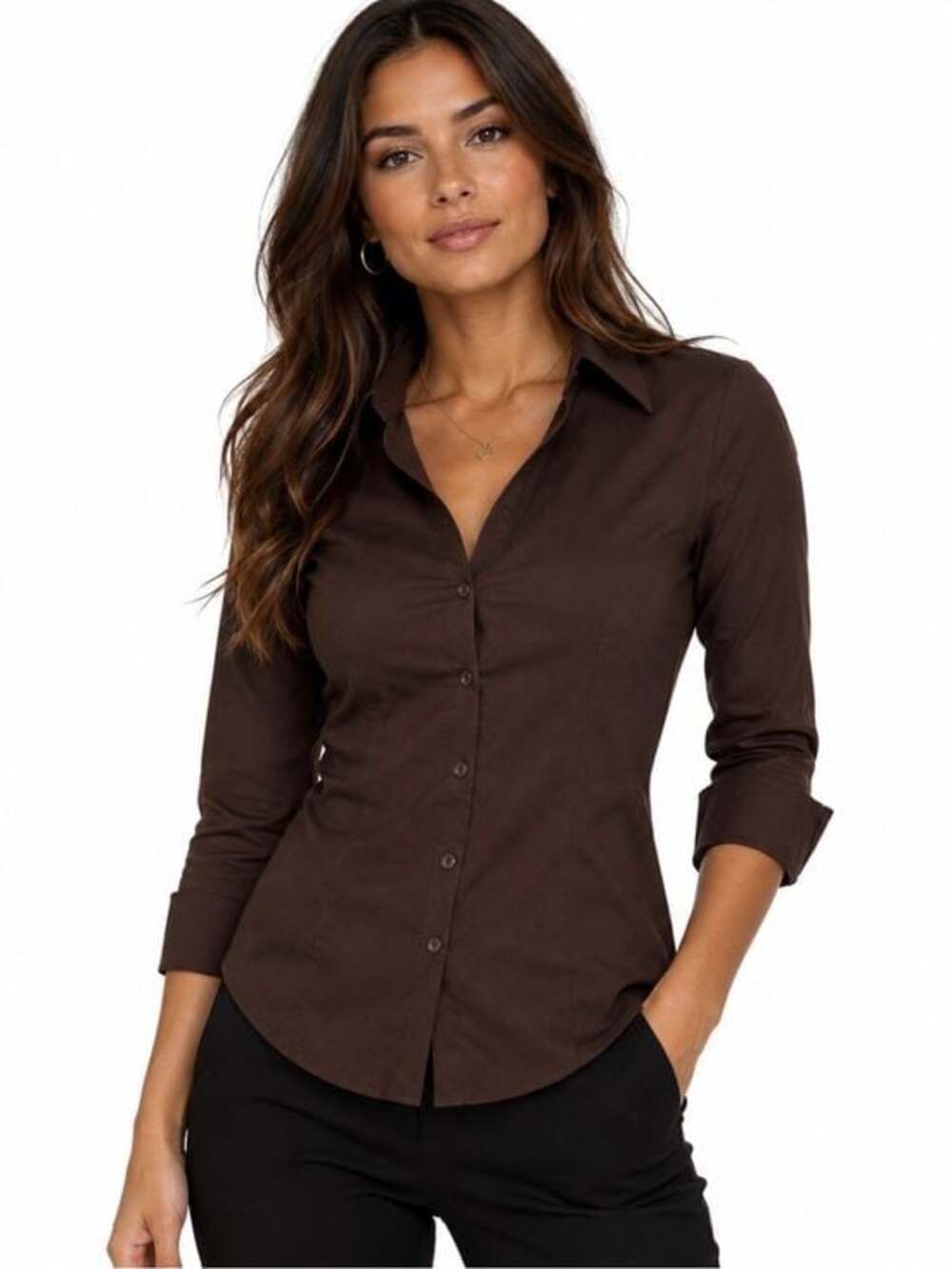 LE3NO 3/4 sleeve Button-Down Collar Top in Brown Size Small